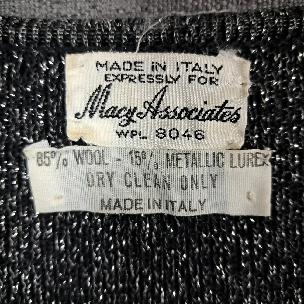 Vtg 50s Macys Associates Wool Pullover Sweater Metallic‎ Italy Large Black